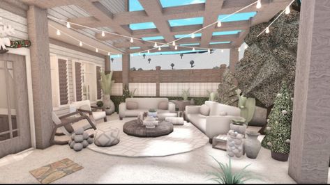 Bloxburg Island Ideas, Outdoor Patio Ideas Bloxburg, Blox Burg Backyard Ideas, Porch Bloxburg Ideas, Bloxburg Lounge Room Ideas, Garden Design Bloxburg, Bloxburg Hangout Room Ideas, Blocksburg Backyard Ideas, Bloxburg Dinning Rooms