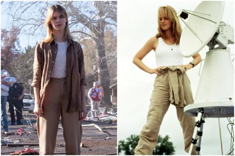 How 2024 'Twisters' Pays Homage to the 1996 'Twister' Movie Kate Carter Twisters Outfits, Kate Twisters Outfits, Twisters Halloween Costume, Twister Movie Costume, Kate Cooper Twisters, Twisters Outfit, Twisters Quotes, Kate From Twisters, Twister Halloween Costume