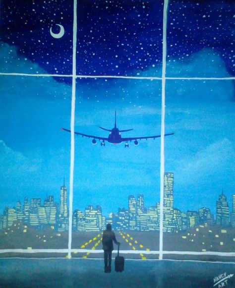 #airport #city #night #time #moon #stars #magical #window #painting Traveling Painting Ideas, Airport Painting Art, Painting City Easy, Plane Window Painting, City Aesthetic Painting, Plane Window Drawing, Airplane Painting Easy, Airplane Window Painting, Travel Painting Ideas