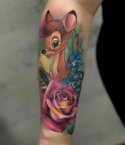 Love this Bambi forearm piece with pink rose and blue flowers. Flower From Bambi, Bambi Tattoo, Butterfly Tattoos For Women, Tattoo Henna, Tattoo Zeichnungen, Disney Tattoo, Geniale Tattoos, Rosen Tattoo, Rose Tattoo Design