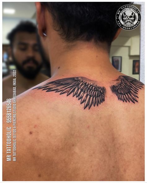 Any Tattoo & Piercing inquiry 🧿 📱Call:- 9558126546 DM or Visit studio for free consultation 🟢Whatsapp:- 9558126546 _________________________ ✉️ Mrtattooholic111@gmail.com #wingstattoo #wingstattoodesign #wingstattoos #wingsart #wings #angelwings #backtattoo #necktattoo #realismtattoo #realism #devil #devilstattoo #besttattoo #shouldertattoo #mrtattooholic #tattooartist #tattoostudio #tattoos #tattoosofinstagram #tattooideas #tattoodesign #tattoodo #ahmedabad #ahmedabadtattoo #ahmeda Lucifer Wings Tattoo On Back, Top Of Back Tattoos For Guys, Side Rib Tattoo Men, Black Wings Tattoo, Upper Back Tattoo Men, Wings Tattoo On Back, Feather Tattoo For Men, Wing Neck Tattoo, Tattoo Rug