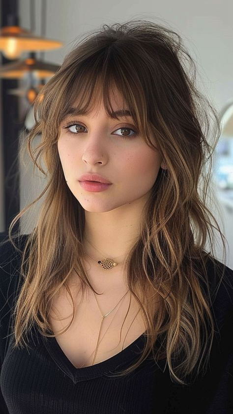 25 Slimming Hairstyles to Embrace Your Round Face Gracefully Kinds Of Bangs For Women, Hair Styles Bangs Long Hair, Frame Bangs Medium Hair, Frame The Face Haircut, Haircuts Face Framing Bangs, Wispy Thick Bangs, Wispy Fairy Bangs, Bangs Thick Hair Round Face, Light Bangs Hairstyles