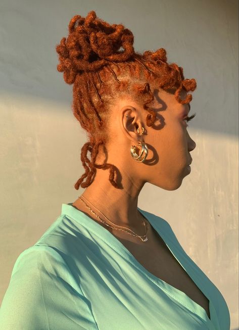 Ginger Spice Locs, Feminine With Locs, Bronze Locs Black Women, Loc Styles Medium Curls, Strawberry Blonde Locs Black Women, Unique Locs Hairstyles, Brown And Orange Locs, Formal Loc Updo, Vintage Loc Hairstyles