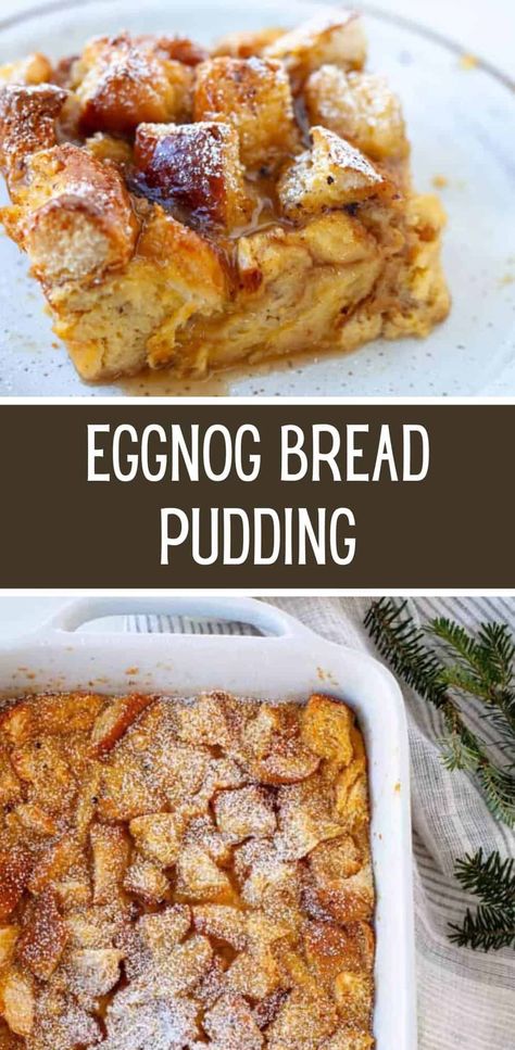 Time for easy Christmas baking! The perfect dessert to serve for the holidays, this eggnog bread pudding is deliciously rich and cozy with warm spices like cinnamon and nutmeg. Don’t skip the hot buttered rum sauce to drizzle over top! Eggnog Bread Pudding, Eggnog Bread, Christmas Baking Easy, Rum Sauce, Bread Pudding Easy, Butter Rum, Pumpkin Bread Pudding, Buttered Rum, Christmas Bread