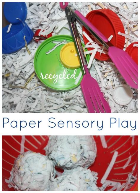 Paper Sensory Bin Play: Recycled Shredded Paper Sensory Play | Little Bins for Little Hands Recycling Preschool, Paper Sensory Bin, Food Sensory Bin, Messy Study Table, Preschool Manipulatives, Recycle Preschool, Sensory Bin Fillers, Sensorial Activities, Kindergarten Sensory