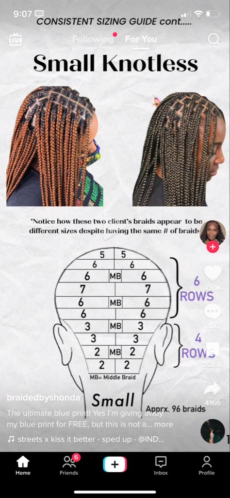 How Many Rows For Medium Knotless Braids, Hair Parts For Braids, Parting Chart, Braiding Sections, Knotless Braids Parting Pattern, Corn Row Braids Black Women, Braid Parting, Box Braids Parting Guide, Box Braids Sizes