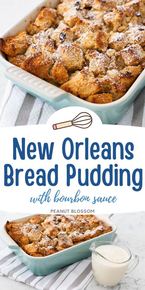 The coziest dessert ever! Bake a Creole bread pudding with golden raisins and drizzle the warm and creamy bourbon sauce over the perfect golden brown toasted top. This is an excellent dessert for Mardi Gras or for after a chilly winter dinner. Maple Bourbon Bread Pudding, Praline Bread Pudding Recipe, Old School Bread Pudding, New Orleans Dishes Recipes, New Orleans Desserts Easy, Louisiana Bread Pudding Recipe, Whiskey Sauce For Bread Pudding, Creole Desserts, Bread Pudding Recipe Old Fashion