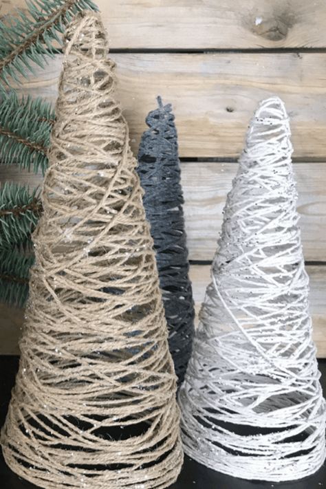 Tree Cones Christmas, Diy Christmas Tree Cones How To Make, Xmas Tree Cones Diy, Diy Cones For Christmas Tree, How To Make Cones For Christmas Trees, Twine Cone Christmas Tree, Fringe Christmas Tree Diy, Come Christmas Trees, Cone Christmas Trees Diy How To Make