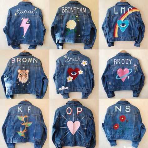 Jeans Jacket Painting Ideas Aesthetic, Diy Denim Jacket, Hand Painted Denim Jacket, Traditional Blouse Designs, Spring Denim, Painted Denim Jacket, Denim Ideas, Custom Denim, Painted Jeans