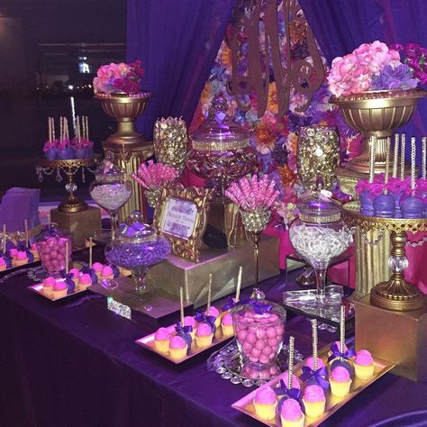 Pink And Purple Candy Buffet, Pink And Purple Candy Table, Pink And Purple Sweet 16, Sweet 16 Treats, Sweet 16 Birthday Dinner, Birthday Dinner Party Ideas, Purple Candy Buffet, Hotel Birthday Parties, Purple Sweet 16