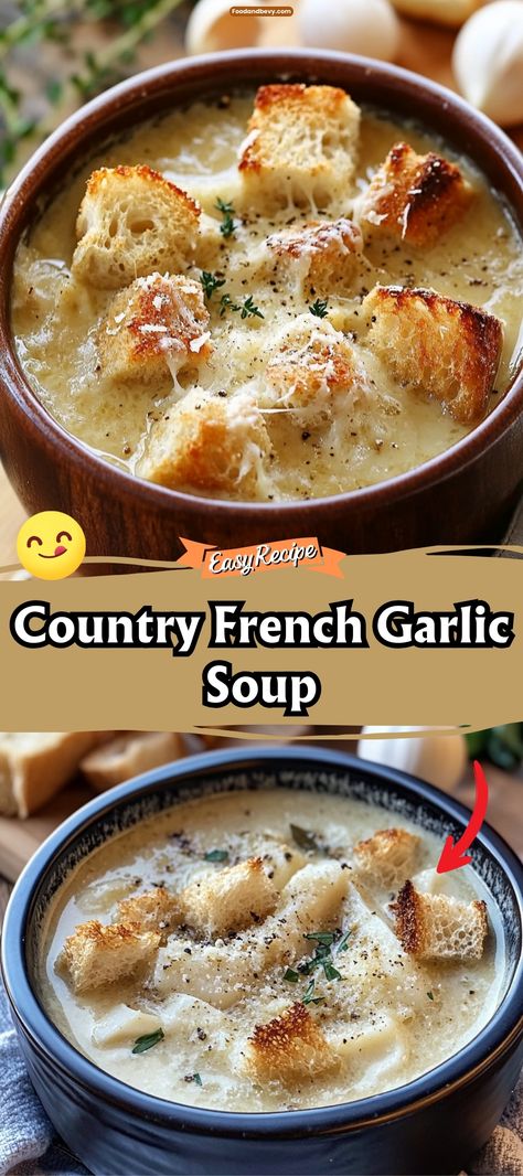 Dive into the depth of flavor with this Country French Garlic Soup. Aromatic and comforting, this soup is loaded with garlic, simmered with herbs and a touch of cream, and served with a slice of crusty bread. It’s a warming dish that embodies the essence of rustic French cuisine, perfect for garlic enthusiasts. #GarlicSoup #FrenchCuisine #RusticCooking Country Garlic Soup, Buttermilk Soup Recipes, Garlic Parmesan Soup, French Garlic Soup Recipe, French Onion Soup With Chicken Broth, Garlic Cream Soup, Norwegian Cream Soup, Country Fresh Garlic Soup, French Country Recipes