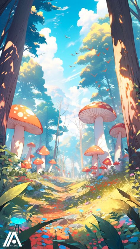 Mushroom Forest Concept Art, Mythical Places Art, Fairy Background Drawing, Mushroom Nature Drawing, Enchanted Forest Digital Art, Fairy Forest Illustration, Mystical Forest Illustration, Magical Forest Concept Art, Fantasy Forest Illustration