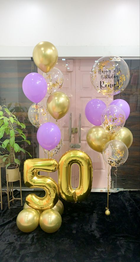 Lilac And Gold Party Decorations, 27 Birthday Ideas, Balloons Number, Pink Gold Birthday, Moms 50th Birthday, Rustic Birthday, Gold Party Decorations, 27th Birthday, Birthday Balloon Decorations