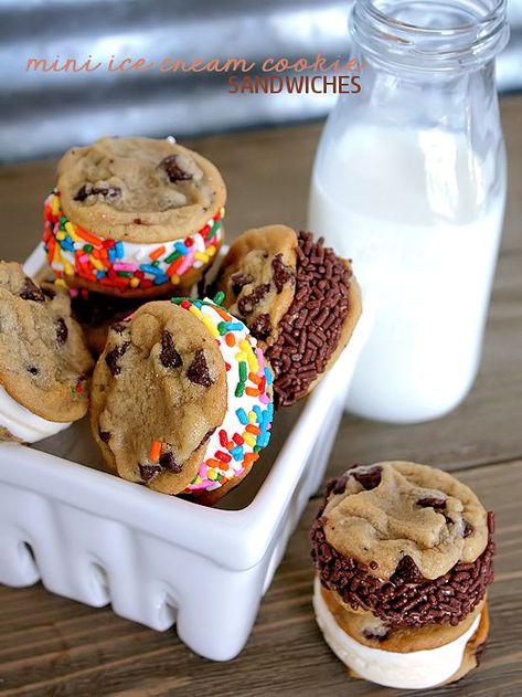 Mini Ice Cream Cookie Sandwiches - Our Kid Things Ice Cream Sandwiches Recipe, Mini Ice Cream, Ice Cream Sandwich Cake, Healthy Ice Cream Recipes, Mini Chocolate Chip Cookies, Cookie Sandwiches, Fried Ice Cream, Ice Cream Cookie Sandwich, Chocolate Chip Ice Cream