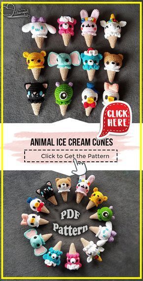 Animal Ice Cream Cones, Free Ice Cream Crochet Pattern, Crochet Cone Pattern, Crochet Food Keychain Pattern Free, Crochet Ice Cream Keychain, Crochet Ice Cream Cone Pattern Free, Ice Cream Crochet Pattern Free, Crochet Keychain Animals, Crochet Desserts