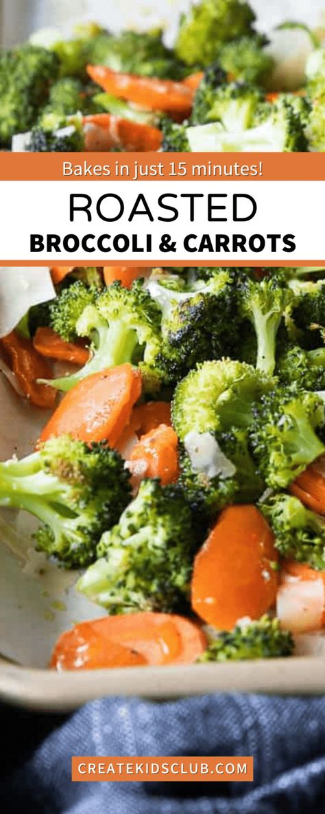 Roasted broccoli and carrots are a flavor-packed side dish that kids love! Seasoned simply then topped with parmesan cheese. Gluten-free. Roasted Broccoli And Carrots, Broccoli And Carrots, Frozen Fish Fillets, Carrots Side Dish, Broccoli Sauteed, Steamed Carrots, Roasted Vegetable Recipes, Fried Cauliflower, Steamed Vegetables