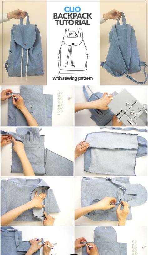 Denim Backpack Pattern, Easy Backpack Sewing Pattern, Sewing A Backpack, Sewing Bag Tutorial, How To Sew A Backpack, Denim Backpack Diy, Backpack Diy Pattern, Canvas Backpack Pattern, Diy Old Clothes