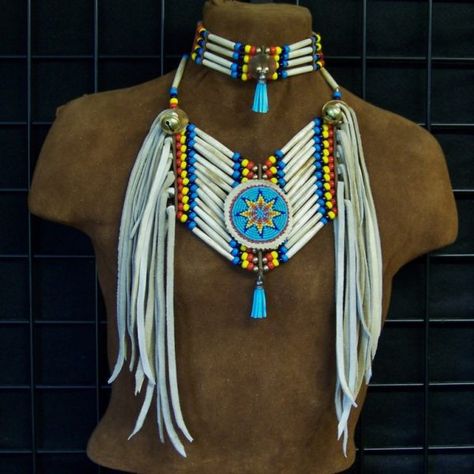 Hairpipe & Mother of Pearl Breastplate Choker Set | Lost River Trading Co. Choker Sets, Native American Dress, Native American Headdress, Native American Regalia, Native Beading Patterns, Native American Clothing, Lost River, Native American Crafts, Turquoise Jewelry Native American