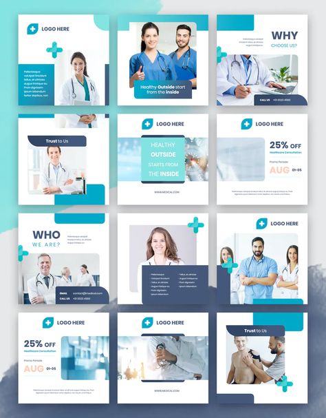 Medical Instagram Puzzle Templates PSD Medical Instagram, Instagram Design Layout, Medical Posters, Instagram Feed Layout, Desain Editorial, Instagram Puzzle, Instagram Template Design, Instagram Grid, Medical Design