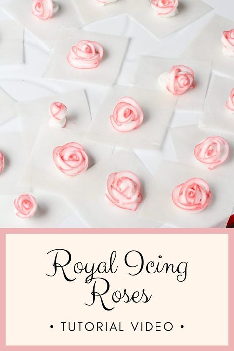 Learn how to make these beautiful roses from royal icing in this detailed tutorial video from the Bearfoot Baker! Royal icing transfers are a great way to dress up sugar cookies, cupcakes, and cakes. Learn how to make these royal icing roses with a step-by-step tutorial on the blog! #royalicing #royalicingtutorial #bearfootbaker Toothpick Roses Royal Icing, How To Do Royal Icing Flowers, How To Make Royal Icing Roses, Wedding Cutout Cookies Ideas, Tiny Royal Icing Flowers, How To Make Royal Icing Transfers, Buttercream Frosting Sugar Cookies, Stiff Royal Icing Recipe For Flowers, Royal Icing Roses On Cookies