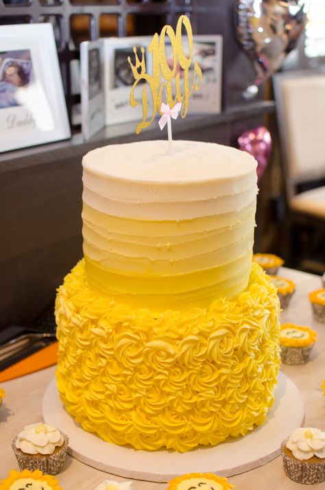 Two-tiered yellow ombre cake; You are my sunshine theme Yellow Two Tier Cake, Birthday Cake Yellow Theme, Haldi Theme Cake, You Are My Sunshine Cake, Yellow Theme Cake, Haldi Cake Design, Yellow Birthday Cake Ideas, Yellow Cake Designs Birthday, Haldi Cake