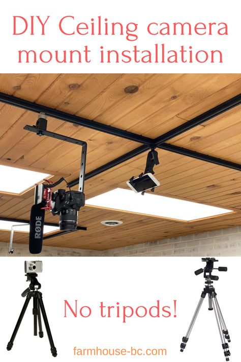 DIY camera mount ceiling track installation - Farmhouse Basic Collection. Tripod Organization, Photo Studio Design, Garage Lights, Photography Studio Design, Photography Studio Setup, Podcast Editing, Home Studio Photography, Garage Studio, Podcast Studio