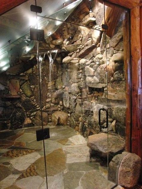 Custom Shower Designs Bringing Nature into Modern Homes Drømme Bad, Rustic Bathroom Shower, Rock Shower, Bathrooms Luxury, Stone Shower, Bathroom Shower Design, Waterfall Shower, Rustic Bathroom Designs, Rustic Bathrooms