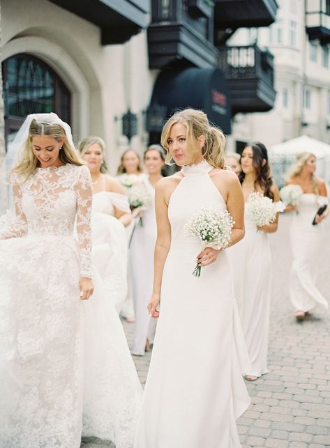 Winter Wedding Outdoor, Bridesmaids In White, Mountain Top Wedding, Outdoor Wedding Dress, White Bridesmaid, Wedding Dresses Cinderella, Winter Wedding Decorations, White Bridesmaid Dresses, Colorado Wedding Venues