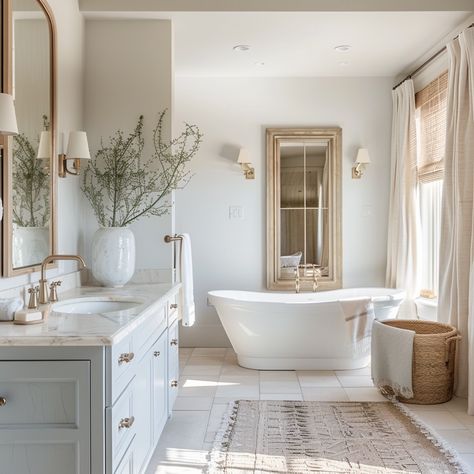 Simple ways to create a calming bathroom retreat. Master Bath Shelving Ideas, Free Standing Tub With Chandelier, Airy Master Bath, Timeless Master Bath, Natural Bathrooms, Light And Airy Bathroom, Window In Bathroom, Stand Alone Bath Tub, Primary Bathroom Ideas