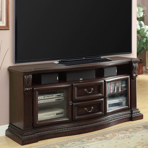 Parker House Bella 67 in. TV Console with Power Center - Antique Vintage Dark Almond - BEL#705 Fluted Tv Console, Glass Tv Unit, Wall Behind Tv, Wood Entertainment Center, Entertainment Wall Units, Media Consoles, Fluted Columns, Entertainment Wall, Entertainment Center Decor