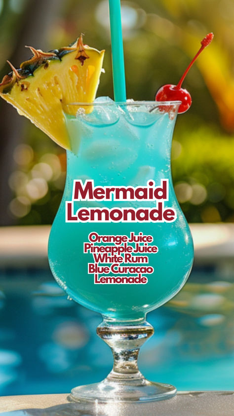 Mermaid Lemonade Alcholic Drink Tropical, Summer Party Food Ideas For Adults, Mermaid Drink Alcohol, Alcholic Drink Fruity, Yummy Drinks Alcohol, Cocktails With Lemonade, Blended Alcoholic Drinks, Cute Alcoholic Drinks, Tropical Drinks Recipes Alcohol