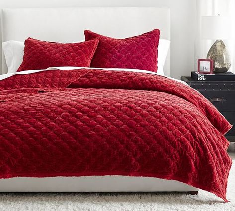 Quilts, Coverlets & Bedspreads | Pottery Barn Pottery Barn Christmas Decor, Holiday Bed, Christmas Sheets, Lattice Quilt, Pottery Barn Bedding, Christmas Bedding, Velvet Quilt, Velvet Bed, Quilted Sham