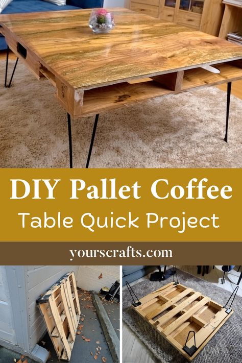 Easy DIY 1 Hour Pallet Coffee Table Project With Hairpin Legs Pallet Craft Table, Diy Table Out Of Pallets, Cheap Diy Coffee Table, Outdoor Pallet Coffee Table Diy, Coffee Table Pallet Diy, Small Pallet Table, Diy Coffee Table Easy, Diy Coffee Tables Ideas, Pallet Table Ideas