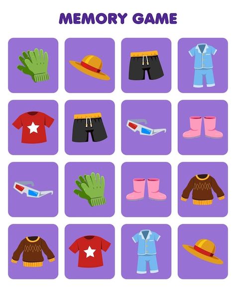 Memory Games Printable, Clothes Memory Game, Sentra Persiapan, Clothes Worksheet, Game Worksheet, Cartoon Gloves, Craft Work For Kids, Gym Exercises, Easter Templates