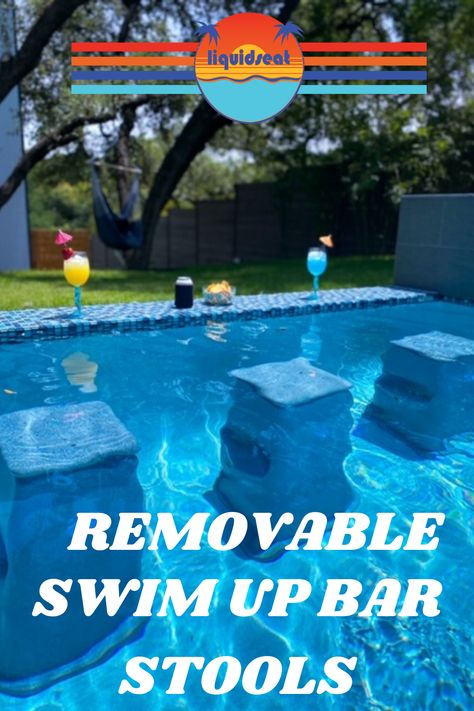 Looking for new pool furniture ideas? Liquidseat -removable swim up bar stools for inground/above ground pools. Add some to your swimming pool today. #swimmingpool #pool #swimupbar #swimmingpoolfurniture #swimmingpoolfurnitureideas Pool Deck Furniture, Pool Deck Decorations, Pool Ideas Small, Diy Above Ground Pool, Portable Pools, Pool Deck Plans, Pool Ideas On A Budget, Outdoor Pool Area, Pools Backyard Inground