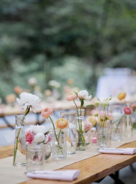 Flower Bud Vases Table, Assorted Bud Vases Wedding, Table Setting With Bud Vases, Small Vase Centerpieces Simple Flowers, Bud Jars Wedding, Bud Vases With Colorful Flowers, Spring Flower Bud Vases, Engagement Table Flowers, Mini Vases With Flowers Table