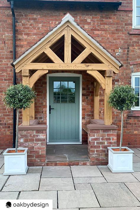 Oak Frame Porch Entrance, Oak Porches Timber Frames, Oak Front Porch Ideas Uk, Oak Front Porch, Front Door With Porch, Oak Frame Porch, External Porch Ideas, Timber Porch Ideas, Oak Framed Porch