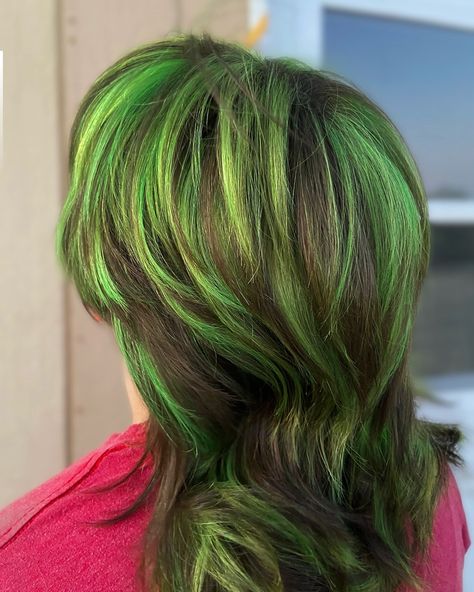 Green green green💚 Green highlights w/ mullet hair cut - used @dangerjonescreative neon green with Emerald green as equal parts to achieve this beautiful green color #neongreenhair #dangerjonescreative #green #greenhair #dangerjonesneon #greenhighlights #fypage #explore #arizonahairstylist #creativecolor #neonhair #shyannehightower Green Underside Hair, Vibrant Green Hair, Bright Green Hair Color, Toxic Green Hair, Neon Green And Orange Hair, Neon Green Hair Streaks, Green Shag Hair, Black Hair With Green Streaks, Blonde Hair With Green Highlights