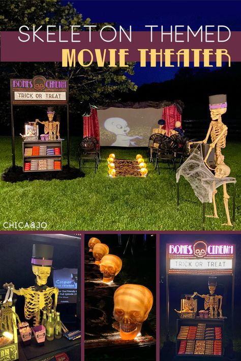 Skeleton Movie Theater Halloween Movie Craft, Outdoor Trick Or Treat Table, Movie Theater Halloween Theme, Skeleton Movie Theater, Trick Or Treat Trail Ideas, Movie Theater Trunk Or Treat Ideas, Halloween Movie Theater, Camp Ground Halloween Decorations, Outside Halloween Movie Night Party