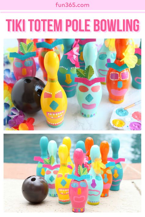 Take bowling to a tropical level with this DIY tiki totem pole bowling idea! Mariah from Giggles Galore shows how you can easily turn a regular bowling set into a themed party game perfect for luaus! Luau Birthday Games, Tropical Theme Party Games, Hawaiian Party Games For Kids, Hawaii Themed Party Games, Tiki Party Games, Tiki Party Activities, Hawaiian Theme Party Games, Lilo And Stitch Games Party Ideas, Tiki Party Diy