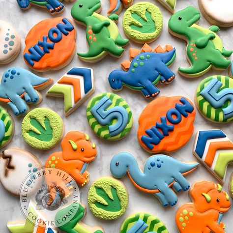 Dinosaur Cookies Decorated, Firefighter Cookie, First Birthday Cookies, Dinosaur Birthday Party Decorations, Dino Cake, Royal Iced Cookies, Dinosaur Cookies, Cookies Theme, Dinosaur First Birthday