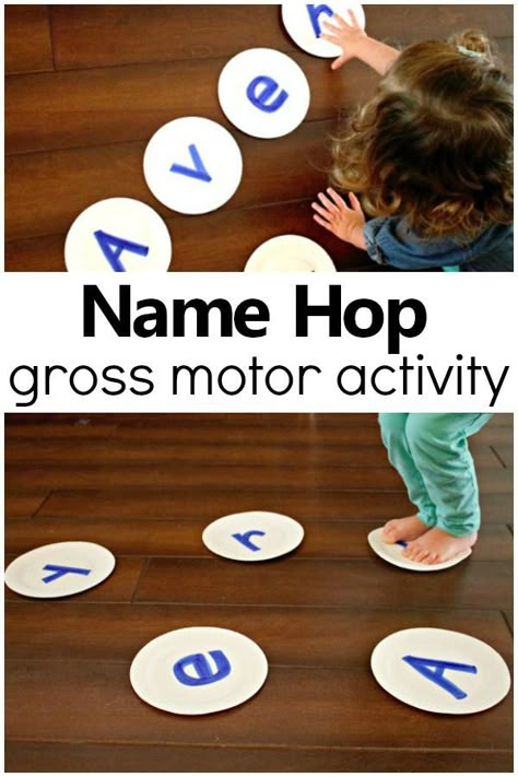 Name Hop Gross Motor Name Activity-Such a fun way to teach preschoolers to recognize their name! #preschool #nameactivity #grossmotor Name Activities Preschool, Name Activity, Preschool Names, Gross Motor Activity, Name Practice, Gross Motor Activities, Name Activities, Preschool Literacy, Skills Activities