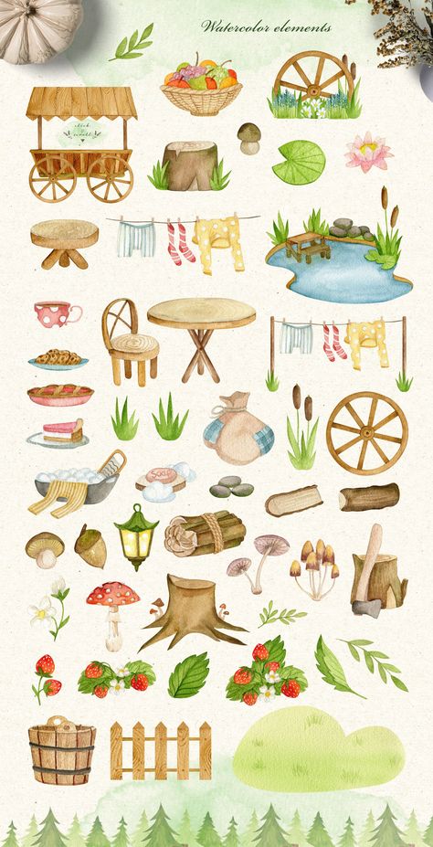 Watercolor Village, Fairy Garden Drawing, Watercolor Gnomes, Gnomes Book, Countryside Life, Patterns Watercolor, Forest Drawing, Whimsical Art Journal, Fairy Tale Theme