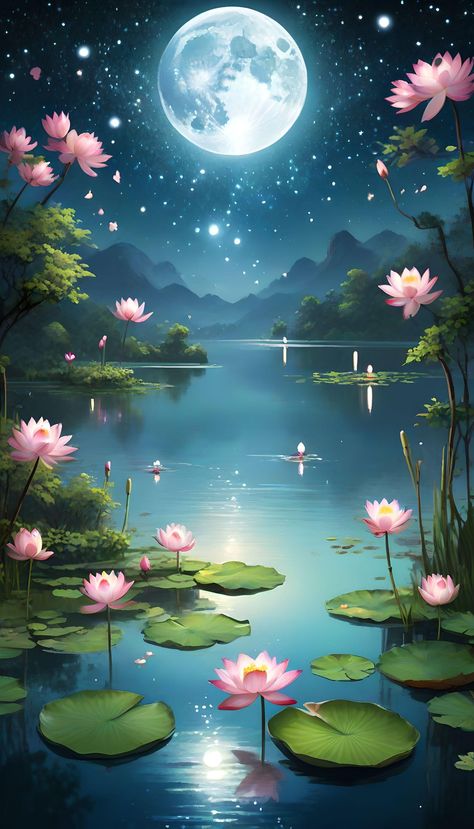 Lotus Flower Wallpaper, Lotus Flower Painting, Lotus Wallpaper, Lotus Flower Pictures, Lotus Art, Scenery Paintings, Beautiful Wallpaper For Phone, Moon Painting, Abstract Art Wallpaper