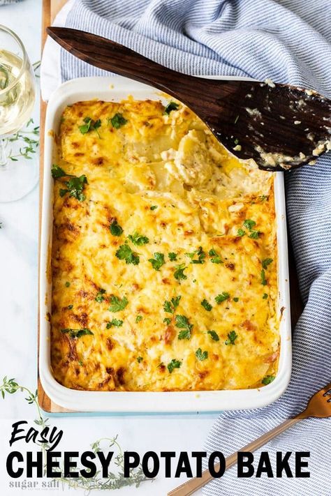 If you’re looking for the perfect potato side dish, this Easy Cheesy Potato Bake recipe has you covered. Creamy scalloped potatoes laced with bacon, thyme and cheese all baked in a comforting sauce. #sugarsaltmagic  #scallopedpotatoes #potatoes #cheesypotatoes #sidedish #easysidedish Creamy Potato Bake, Potato Bake Recipe, Cheesy Potato Bake, Easy Baked Potato, Creamy Scalloped Potatoes, Potato Side Dish, Potato Bake, Cheesy Potato, Potato Sides