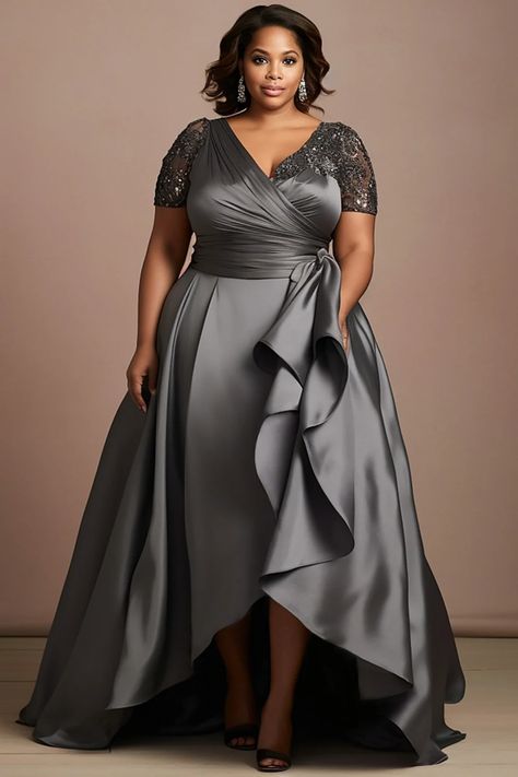 Plus Size Mother Of The Bride Grey Wrap, Neck Short Sleeve Drilling Asymmetric Hem Satin Maxi Dresses - YKM Media Modest Dresses Fashion, Dinner Dress Classy, Midi Dress Plus Size, Plus Size Formal, Plus Size Formal Dresses, Evening Dresses Plus Size, Classy Dress Outfits, فستان سهرة, Grey Dress