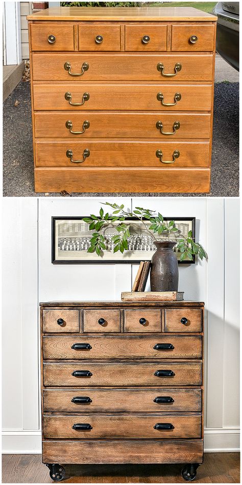 A small dated dresser gets an aged industrial makeover with paint and black metal castor wheels! #furnituremakeover #industrialfurniture #diyfurniture Basset Dresser Makeover, Dresser As End Table Living Rooms, Add Height To Dresser, Furniture Flipping Ideas Wood, Upcycle Dresser Diy, Flipped Furniture Before After, Refurbished Furniture Before And After, Furniture Projects Repurposed, Modern Furniture Flip