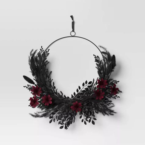 Cosmos And Grass Halloween Wreath - Threshold™ : Target Fall Crescent Moon Wreath, Vintage Halloween Wreath, Goth Wreath, Black Wreaths, Gothic Wreath, Indoor Halloween Decor, Wreath Party, Moon Wreath, Black Wreath