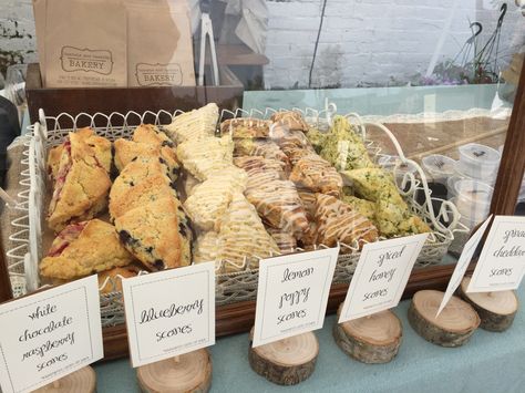 Farmers Market Scone Display -  Bushels and Baskets Bakery  www.bushelsandbaskets.com Scones Display Ideas, Artisan Bread Display Farmers' Market, Farmer's Market Bakery Display, Bread Vendor Display, Bread Display Ideas Farmers' Market, Bread Market Display, Farmers Market Baked Goods Packaging, Farmers Market Vendor Ideas, Farmers Market Aesthetic Display