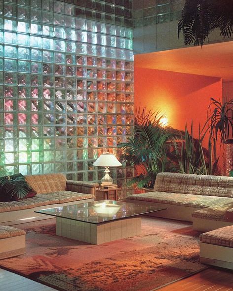 1980s glass brick rooms 🧊 [AI] Get your wall posters on liminaldestinations.com and AI prompts on Ko-fi (links in bio!) • • • • #80sinterior #1980sinterior #80saesthetic #1980s #80svibes #80snostalgia #80sdecor #80s #80spenthouse #vintage #interiordesign #homedecor #luxuryhomes #midcentury #midcenturymodern #postmodern #luxury Retro Brick Wall, 90s Architecture Interiors, Glass Brick Interior Design, 80s Conversation Pit, 90’s Interior Design, 80’s Interior Design, 80s Beach House, 80s Aesthetic Home Decor, 80s Aesthetic Home